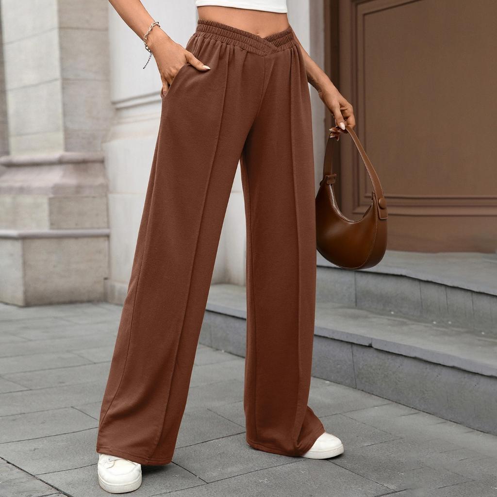 Fall Winter Women's Solid Color Elastic Waist Loose Straight Casual Trousers for Cross-border Trade