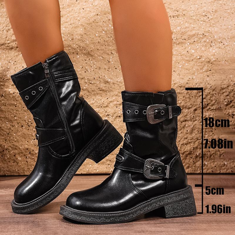 Fashion Vintage Buckle Strap Mid-Calf Boots for Women Brown Pu Leather Motorcycle Shoes Woman Autumn Winter Chunky Heel Booties Fashion