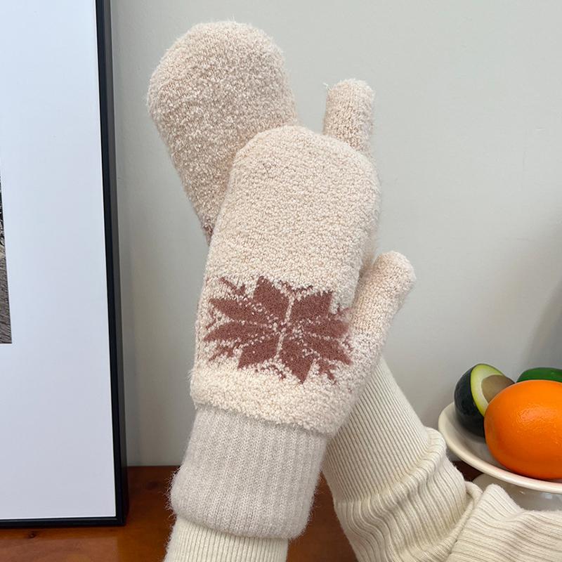 1Pair Snowflake Style Fashion Women Winter Gloves Insulated Extra Warm Fingerless Mittens
