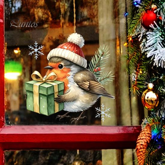 Easy Install Window Clings Christmas Bird Static Clings, PVC Waterproof Decals with Santa Hat And Glass Film Gift Box, Removable Stickers for Holiday