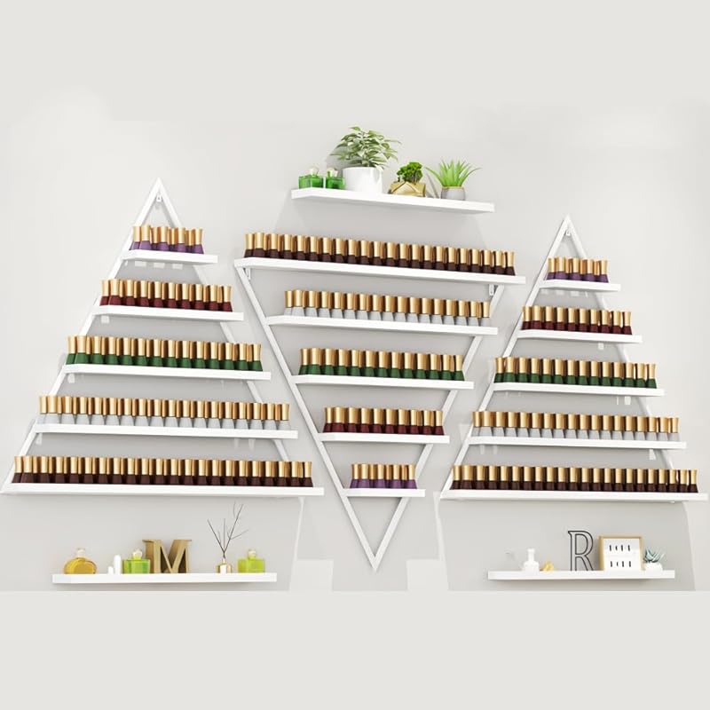 Elegant Gold Wall Mounted Nail Polish Rack - Set of 6 Triangular Cosmetic Display Shelves for Essential Oil Bottles, Organize Your Lipsticks and