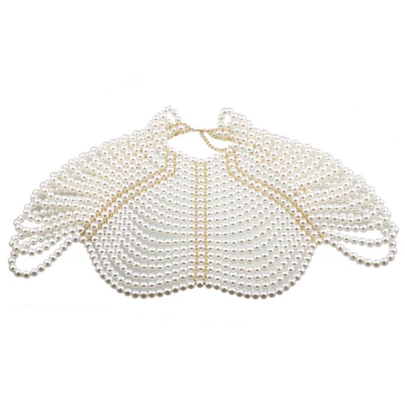 Exquisited Chest Chain Imitation Pearls Tassels Layered Necklace Shawl Beaded Body Jewelry for Elegant Evening Parties