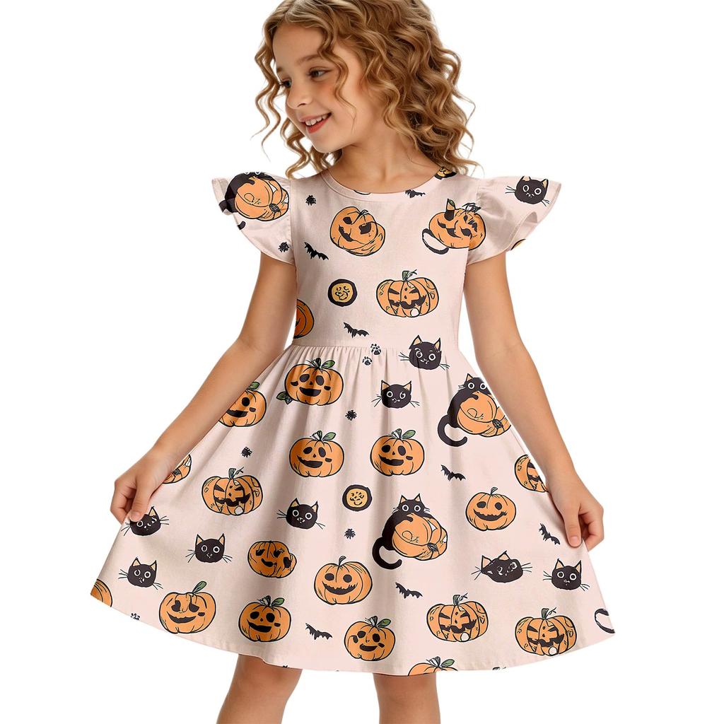 Girls Halloween Casual Dress Ruffle Sleeve Pumpkin Print Round Neck Cotton Dress for Kids Comfortable Fit Toddler Party Dress