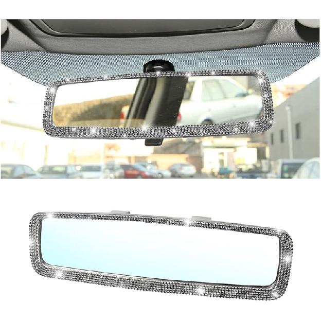 Bling Car Rear View Mirror, Rhinestones Crystal Clip-On Rearview Mirror With HD Glass, Compatible With Most Cars, SUVs, Vehicles, Auto Interior