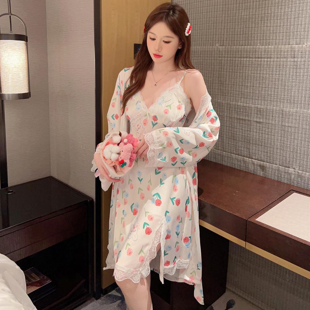 New ice silk pajamas female sexy with chest pads spring and summer lace pure desire wind with chest pads suspender two-piece set home