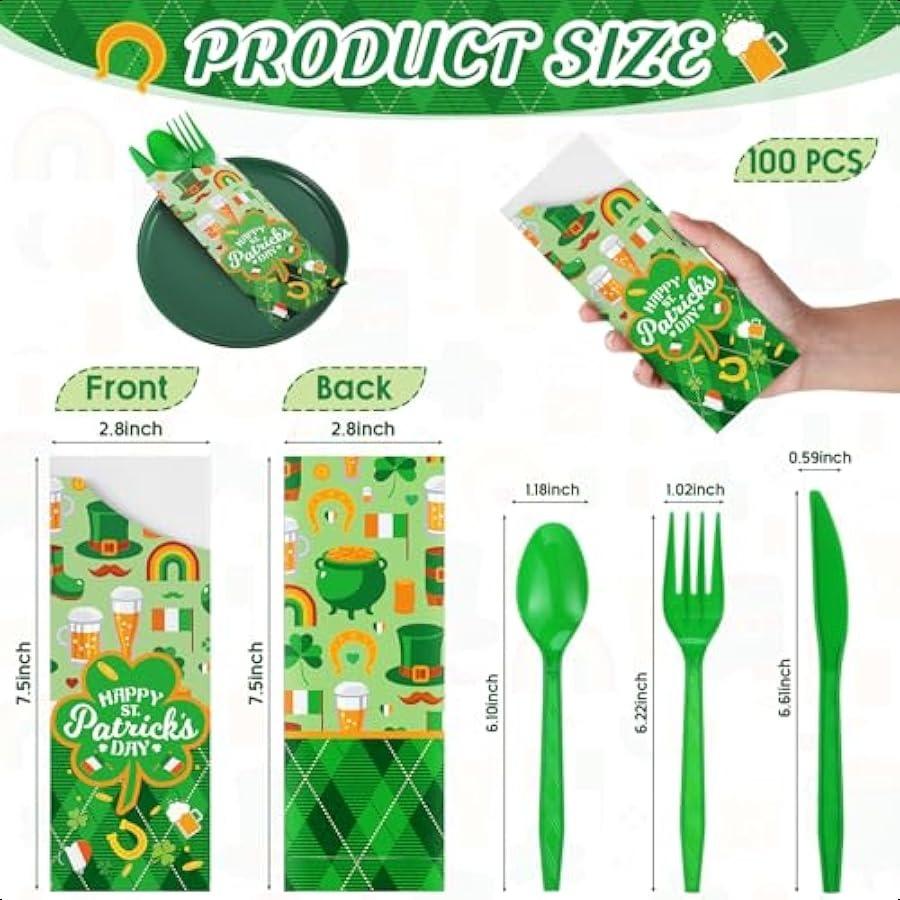 400 Pcs Happy St Patrick's Day Silverware Sleeves with Disposable Forks Knives Spoons Plastic Cutlery Utensil Pocket Bag for St