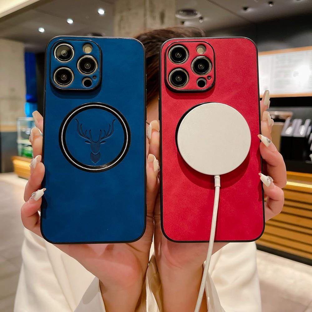 Luxury PU Leather Deer Case for IPhone 17 Air 16 15 14 13 12 11 Pro Max Plus 16E for Magsafe Wireless Charge Shockproof Cover