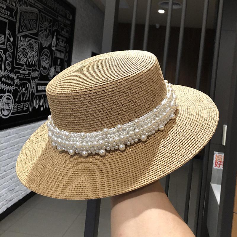 Fashion Summer Women Wide Brim Straw Hat Chapeau Female Sun Hats Boater Pearl Accessories Panama Beach Hat Sombrero Mujer Fedora