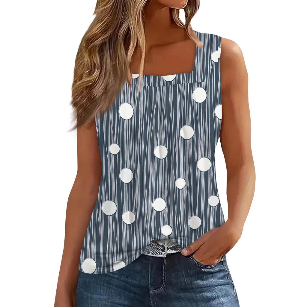 Women's Pleated Square Neck Sleeveless Tank Top Plant Print T-Shirt