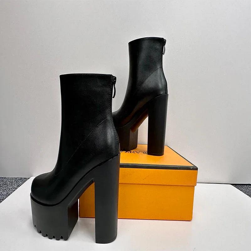 16CM Echtes Leder Designer Luxus Plateau Block High Heels Damen Stiefeletten Reißverschluss Top Qualität prägnant Damen Schuhe