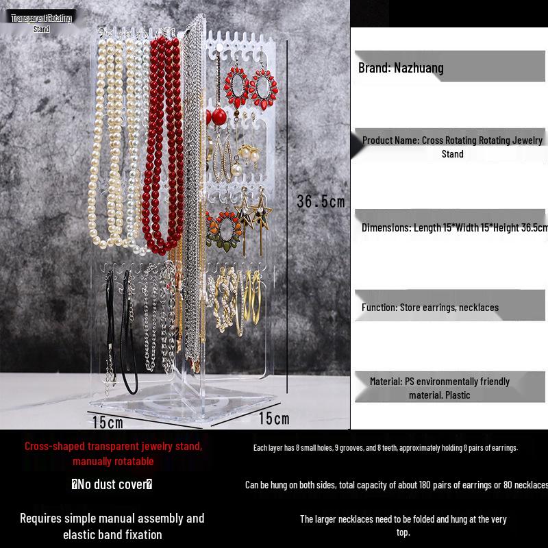 Rotating Earring & Necklace Display Rack with Dustproof Large Capacity