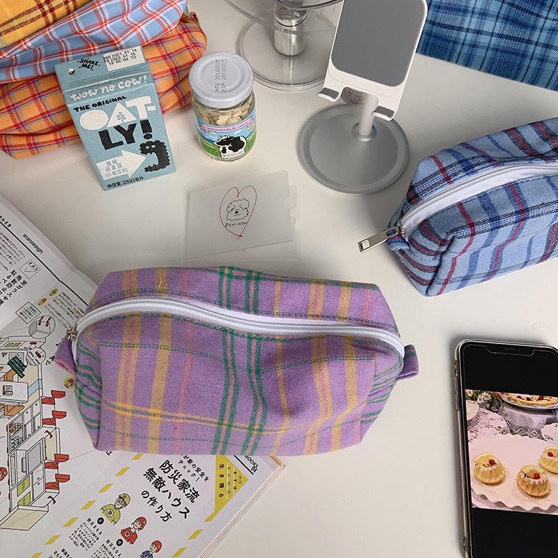 Sweet Cute Color Retro Plaid Cosmetic Bags Pencil Case Large Capacity Portable Girly Storage Bags Makeup Pouch Toiletry Bag Gift