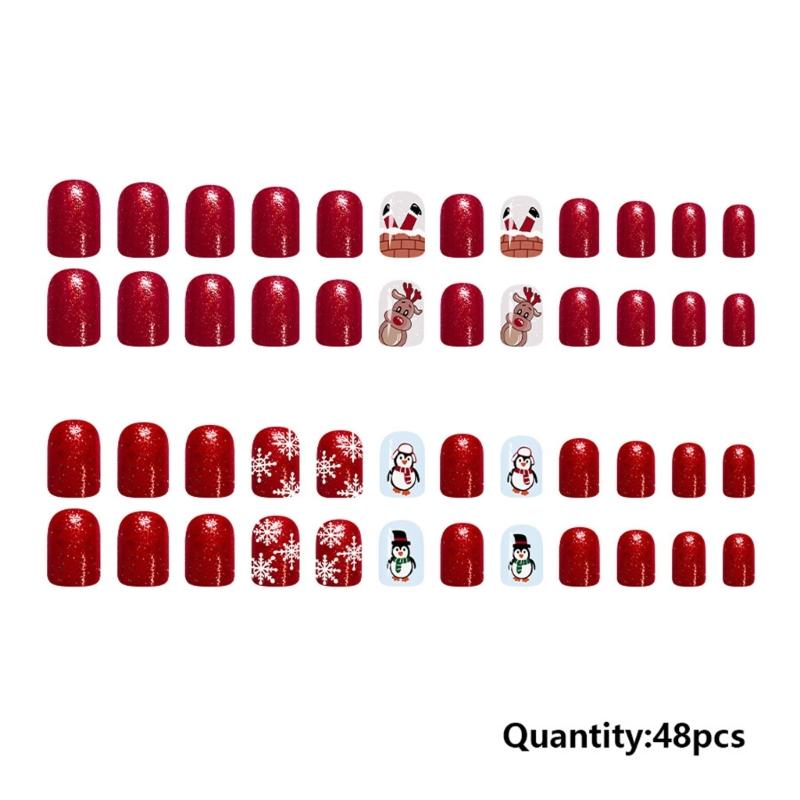 Christmas Glossy Press On Nail 48Pcs Red Glitters Snowflake Short Square Tips Multiple Size Long Lasting Party Wear