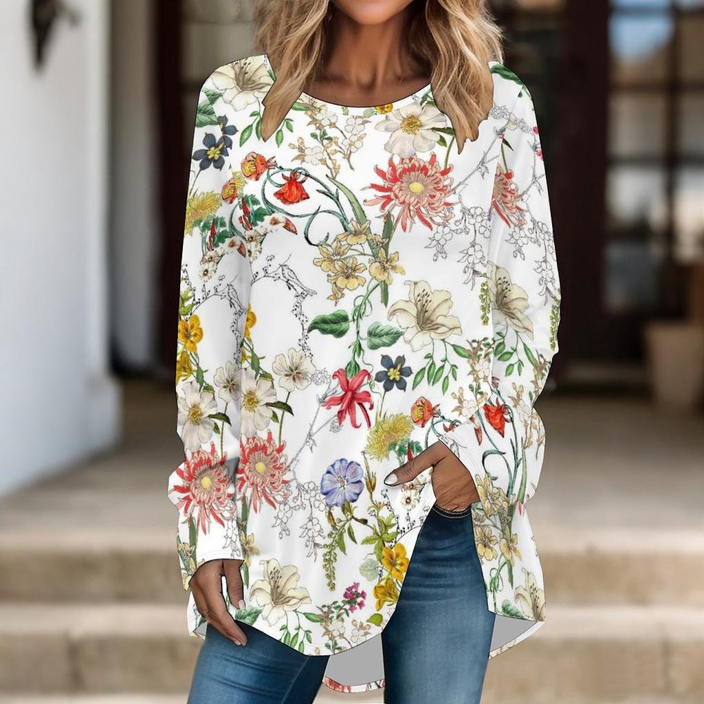 Women Long Sleeve Tunic Top Print Crew Neck Loose Fit Blouse With Pockets Casual Daily Wear Ladies Tops