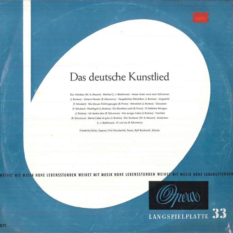 

LP Record FRIEDERIKE SAILER, FRITZ WUNDERLICH - Das Deutsche Kunstlied 1171 OPERA 1960 Germany Classical Used