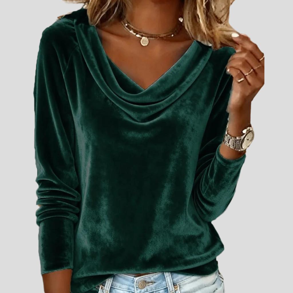Women's Solid Color V-Neck Velvet Blouse Autumn and Winter Sexy Velvet T-Shirt