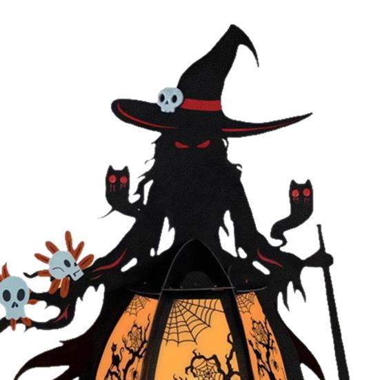 Halloween Witch Lantern 3D Spooky Lantern Light-up Table Centerpiece Gothic Bat Skull Witch Lamp for Home Mantel Entryway Tabletop Decoration