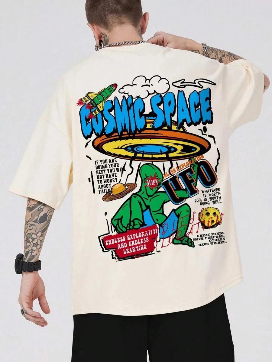 Street Life Men Cartoon & Slogan Graphic Tee – Drop Shoulder Streetwear T-Shirt S