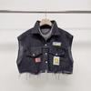 Mizqz Men S looSe Fit Short Crop Denim veSt With Smile Patch