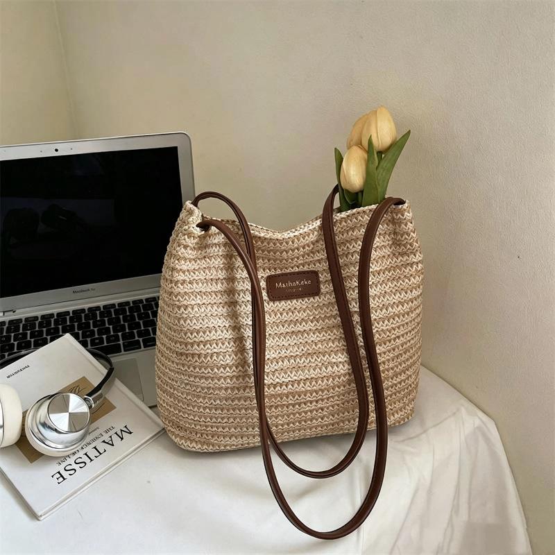 Fashionable Woven Straw Women'S Shoulder Bag Large Capacity Tote Bag Summer Holiday Style Polyester Material Bag