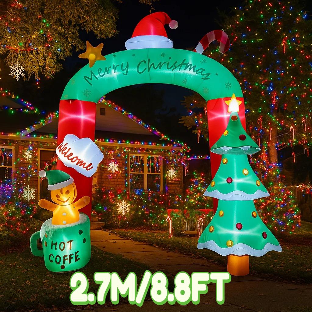 8.8FT/2.7M Inflatable Christmas Arch with Gingerbread Man Hot Coffee and Welcome, Glowing Outdoor Yard Decor