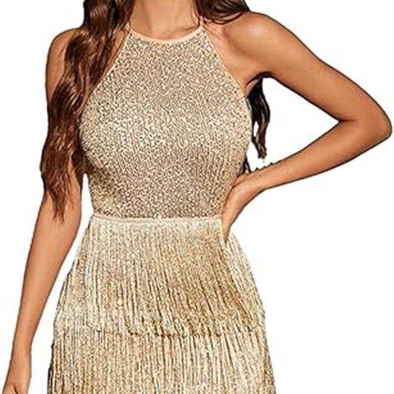 

Fringe Hanging Neck Show Back Dress Short Skirt Gold S