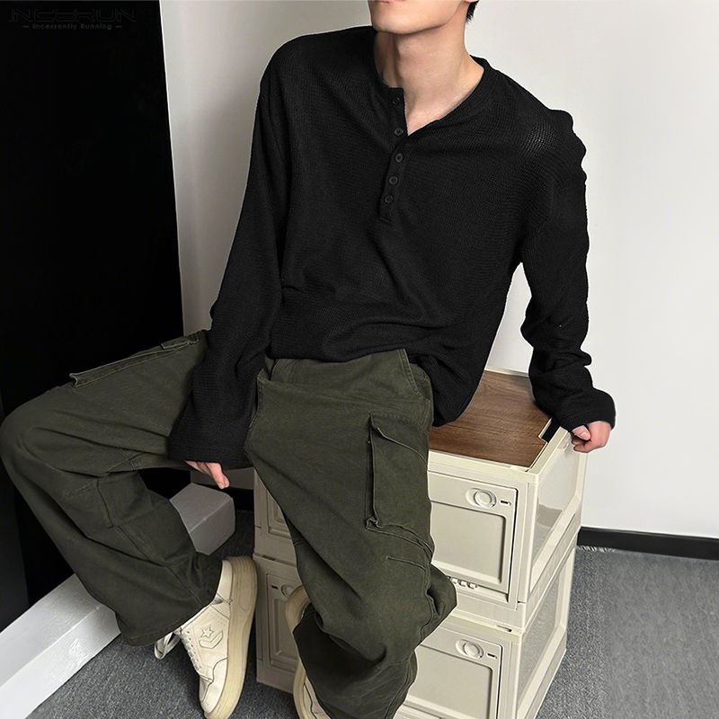 INCERUN Autumn Spring Men O-neck Long Sleeve Texture Casual Pullover T-shirts Tops
