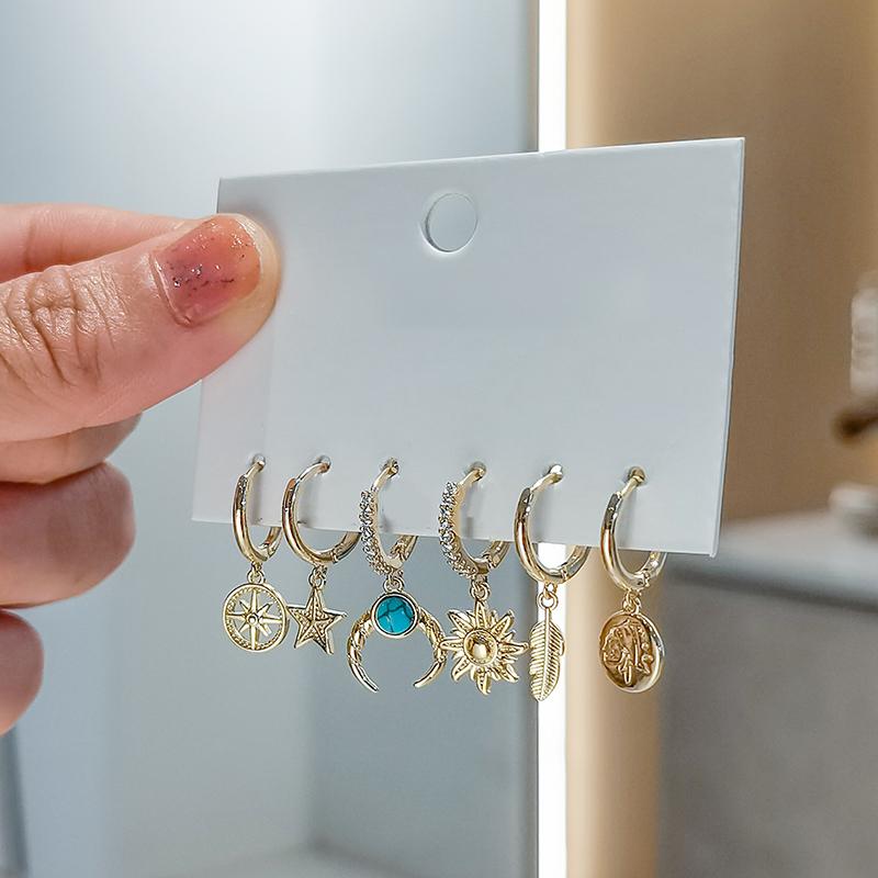 ANENJERY 6 Pieces/set Moon Sun Star Leaf Hoop Earrings Set Micro Zircon All-match Earrings for Women