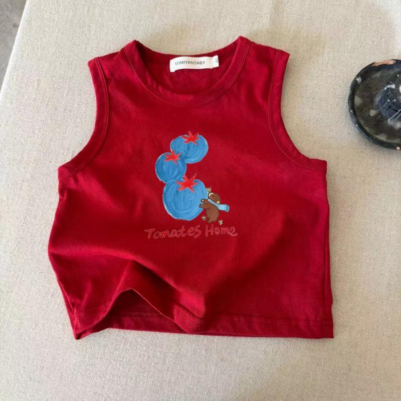 Kids Summer Cotton Sleeveless Vest Cartoon Tomato Print Round Neck Unisex Baby Top