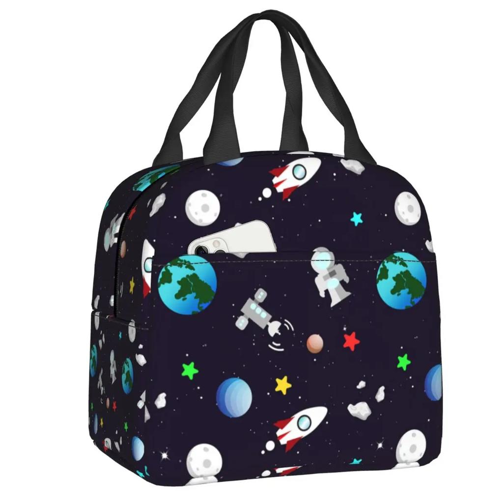 Cartoon Space Planet Rocket Thermal Insulated Lunch Bag Women Astronaut Spaceship Portable Lunch Box for Kids School Food Bags