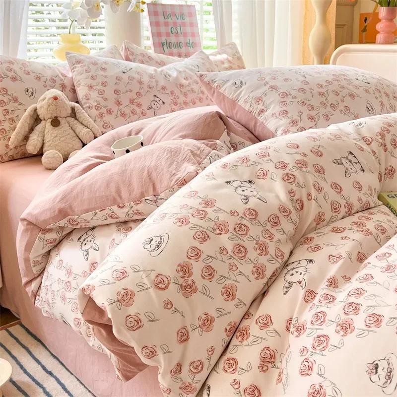 4pcs/set Plant Floral Print Set A Duvet Cover and Bed Sheet A Pair of Pillowcases Suitable for Bedroom Home Decor Bedding Sets