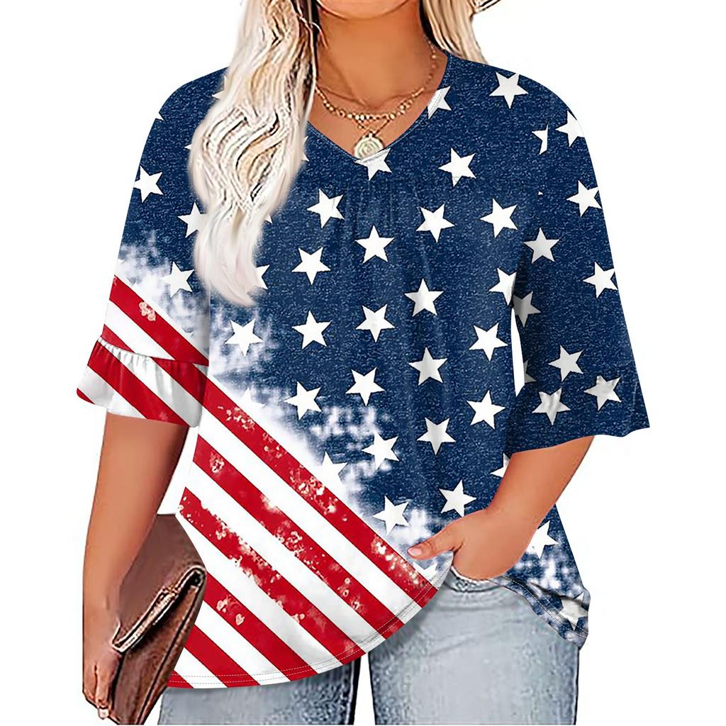 Women's Fashion Casual Independence Day Printed V-Neck Seven Sleeve Ruffle Sleeve T-Shirt Top