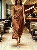 Round neck sleeveless midi dress with floral print pattern brown modern elegant casual fashionable womens clothing for spring summer and autumn