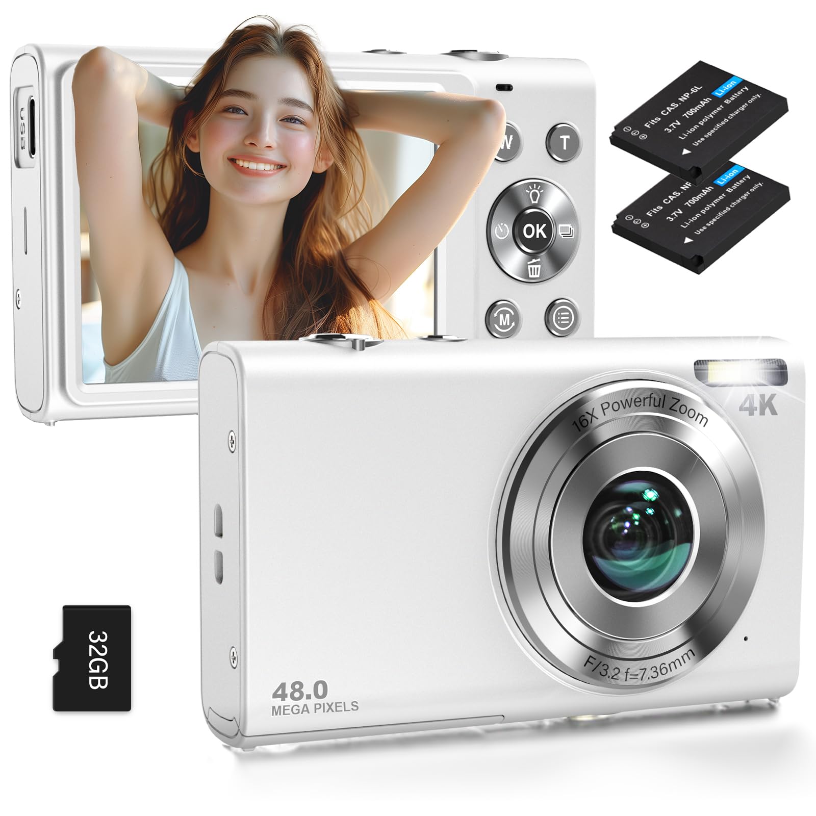 

STUOGYUM 4K Autofocus Digital Camera, 48MP, Dual 700mAh Batteries, 16x Zoom, Webcam, Image Stabilization, Face Detection, Smile Capture, Continuous