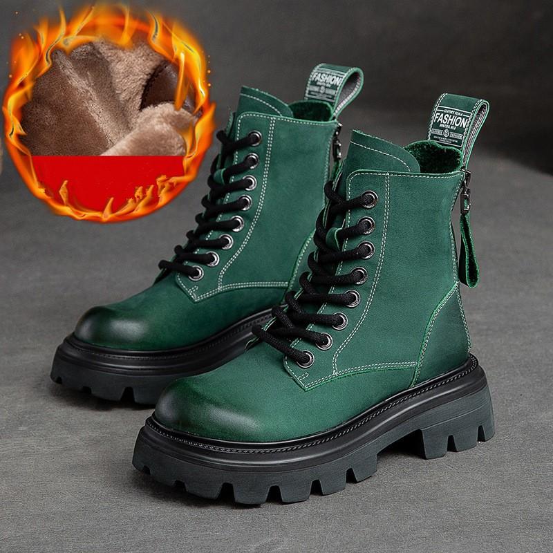 

Johnature Теплые короткие сапоги из плюша с толстой подошвой, натуральная кожа, круглый носок, универсальные женские сапоги 39-Plush зелёный