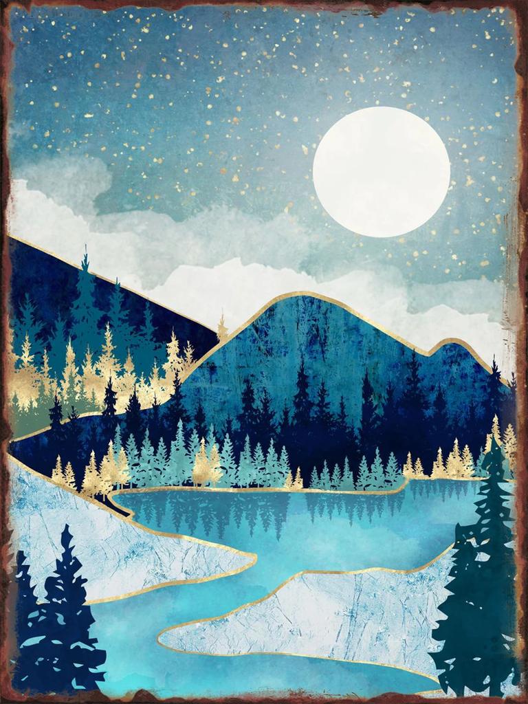 Moonlit Mountains Metal Tin Sign Hanging Wall Decor Aesthetic Iron Plate for Home Sofa Background Decorative Plaque Art