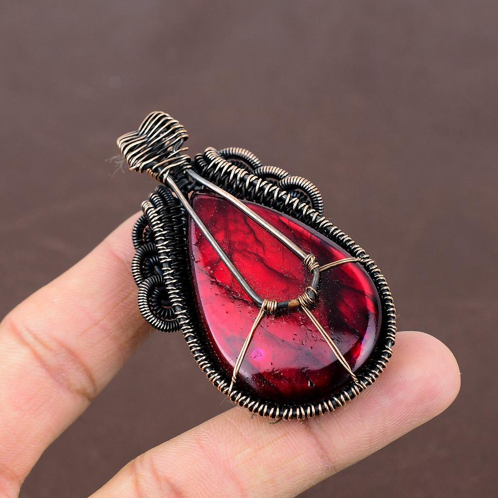 Natural Red Labradorite Gemstone Handmade Copper Wire Wrap Pendant 2.64" I2k31