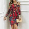 Women Plus Size Asymmetric Cold Shoulder Colorful African Tribal Geometric Print Wrap Bodycon Midi Dress