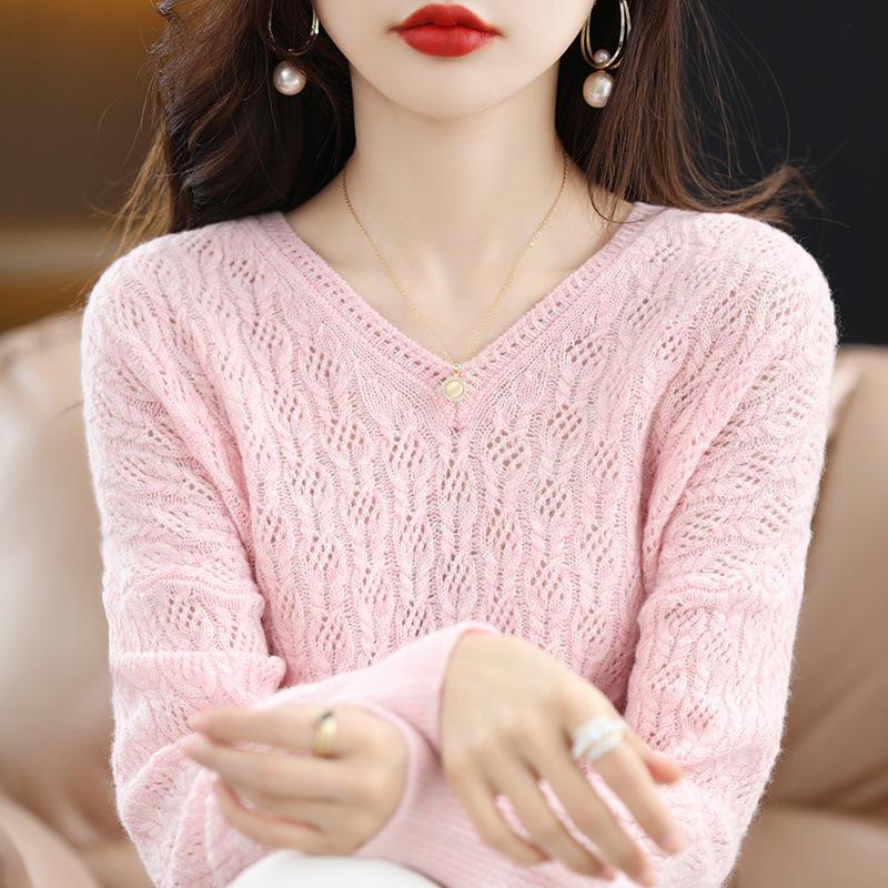 Women's Cashmere Loose Knit Sweater V2023 - Hollow-Out Pullover with Pure Wool Collar