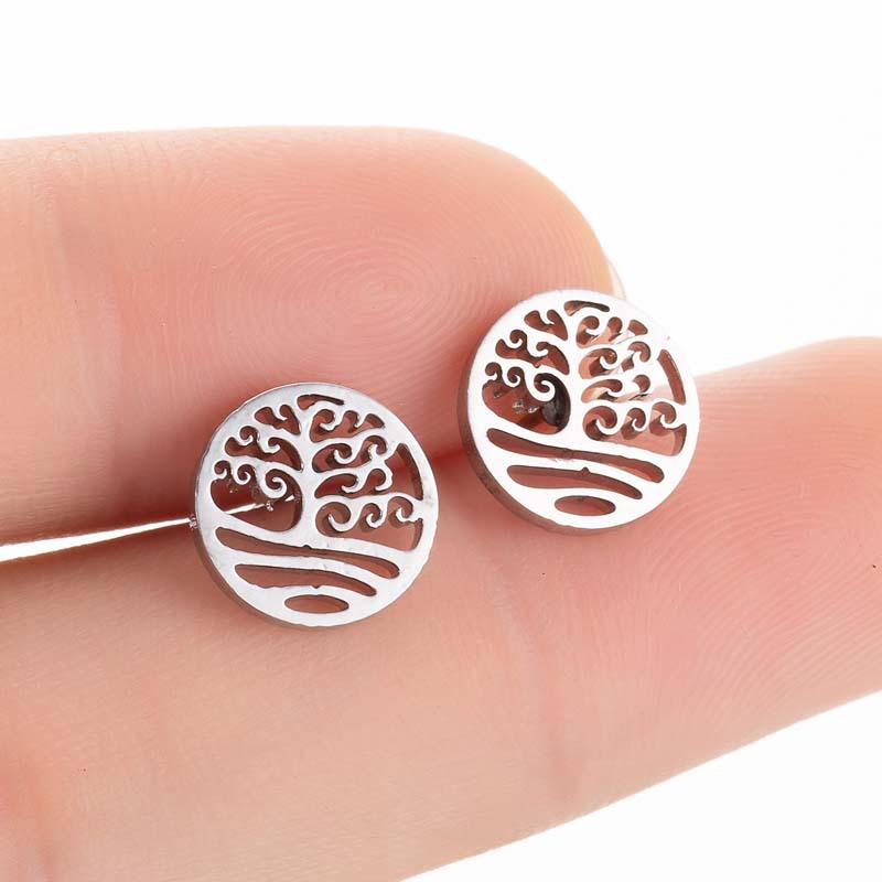 Korean Style Geometric Tree of Life Round Earrings In Stainless Steel for Women - Christmas Tree Cartilage Studs