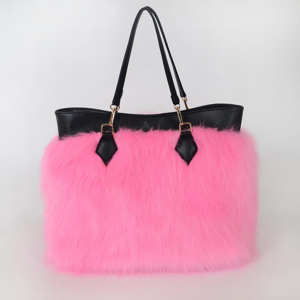 Bolso de Hombro de Felpa Imitación Piel para Mujer, Color Contrastante, Portátil, Gran Capacidad, Bolso de Moda Europeo y Americano, Explosión de Verano