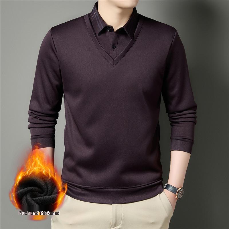 Men's Winter Thickened Velvet Two-Piece Faux Layered POLO Shirt with Warm Lapel - Long Sleeve for Middle-Aged Dad