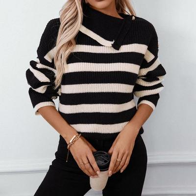 Vintage Loose Stand Collar Long Sleeve Stripe Knitwear Sweater Pullover Top Autumn Winter