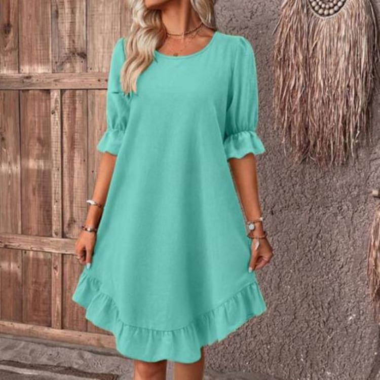 Summer Loose A-line Midi Dress for Women Solid Color Big Swing Ruffle Patchwork O Neck Pullover Knee Length Mid Sleeves Dress