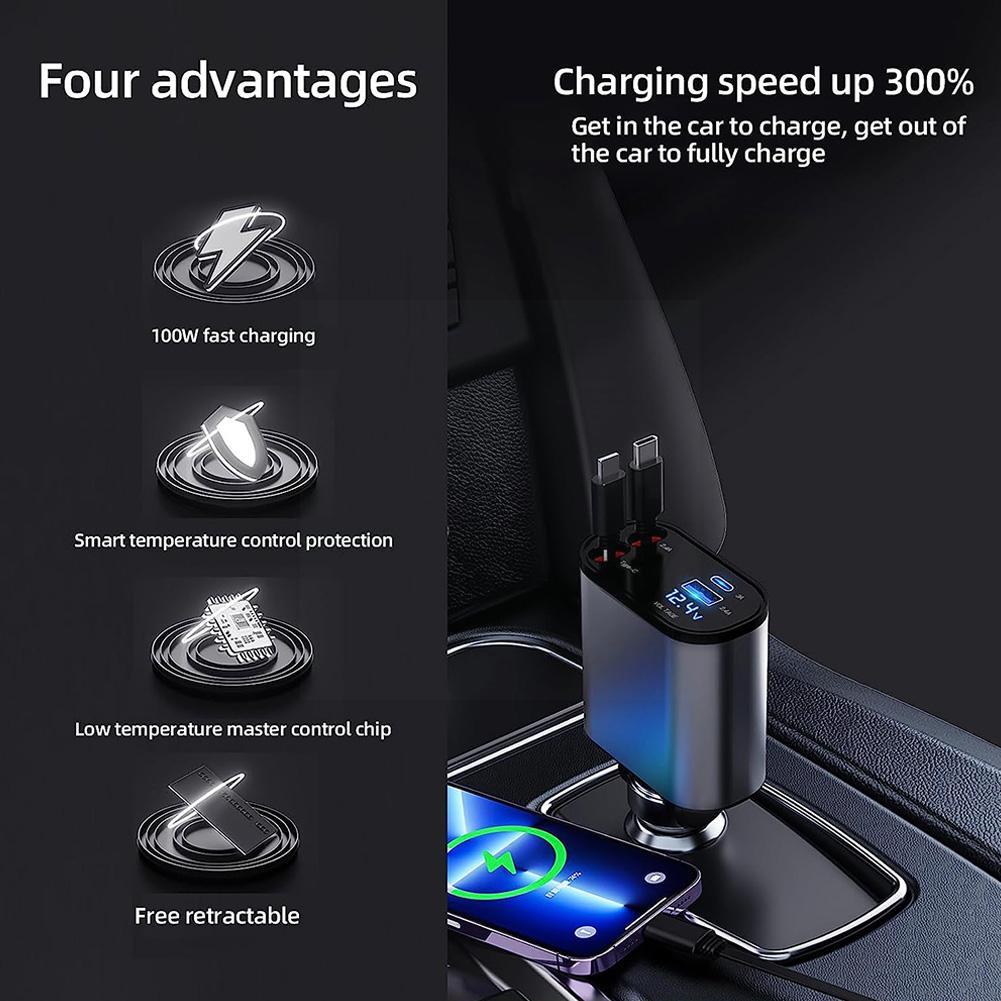 100W Superschnellladung Auto Zigarettenanzünder 4 IN 1 Einziehbarer Typ Kabel C Kabel Schnell Zigarettenanzünder Ladeadapter