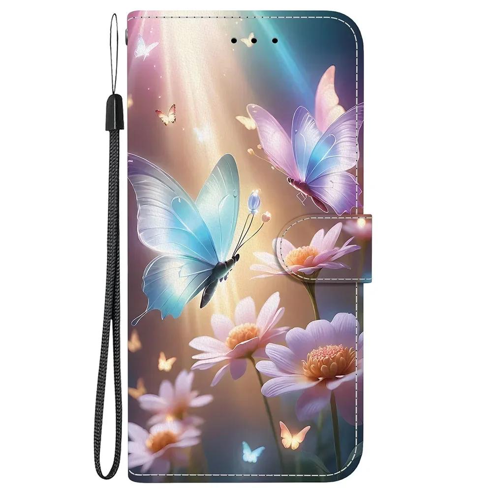 Cute Painting Leather Flip Phone Case For Samsung Galaxy S22 S23 FE S24 Plus S25 Ultra Flower Butterfly Wallet Stand Back Cover