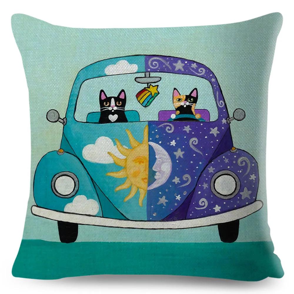 Cartoon Driving Car Cat Cushion Cover Decor Cute Pet Animal Pillowcase Polyester Pillow Case for Sofa Home Children Room 45x45cm