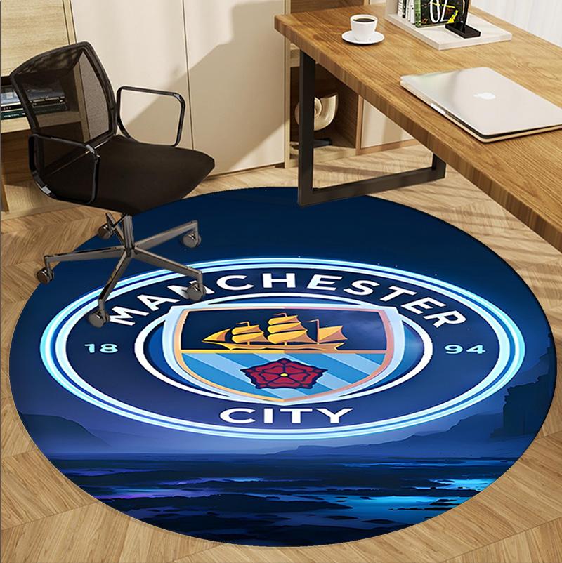 Manchester City FC Pattern Round Rug, Indoor/Outdoor Mat, for Picnic, Gameroom, Bedroom, Office, Living Room, Home Decor Carpet, Birthday Gift