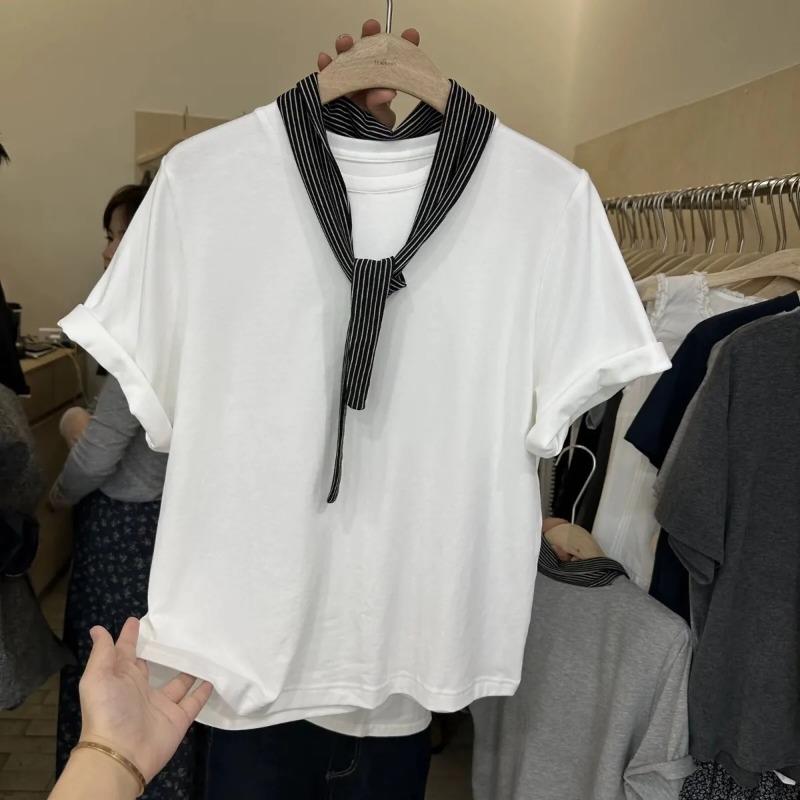 

Женская летняя полосатая футболка с коротким рукавом и галстуком на шее S белый