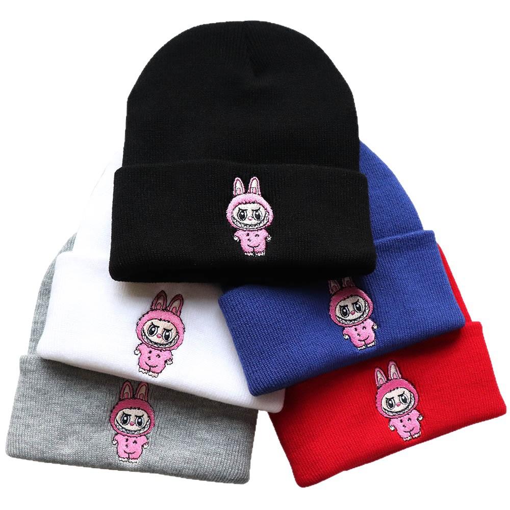 Autumn and winter trendy cartoon knitted hats for men and women, Labubu labu Embroidered knitted hat, warm hat